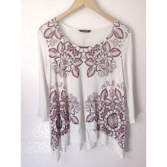 Desigual Kassandra White & Red Floral Asymmetrical Long Sleeve Blouse Size M - Picture 2 of 8